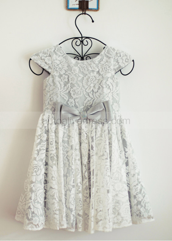 Gray Lace Cap Sleeves Decorative Bow Knee Length Flower Girl Dress 